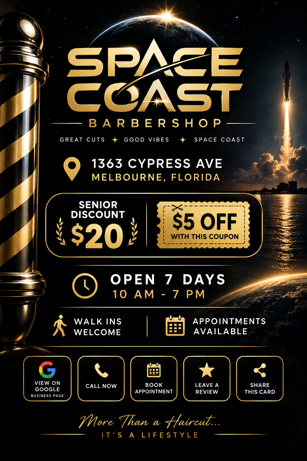 Space Coast Barbershop cinematic space-themed artwork